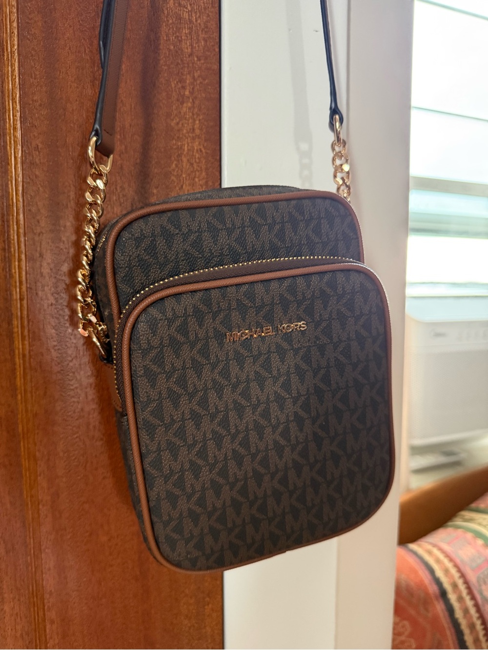 Michael Kors Brown MK Logo Crossbody Belt Bag with Gold Chain Strap